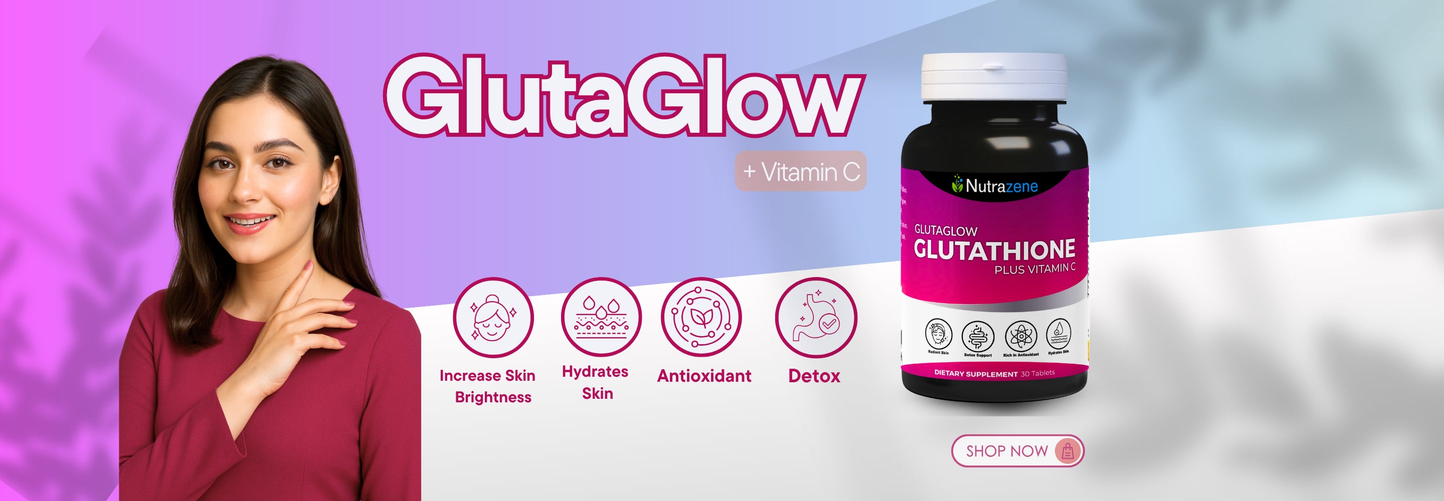 Nutrazene Glutaglow glutathione capsules for glowing skin and natural skin whitening support