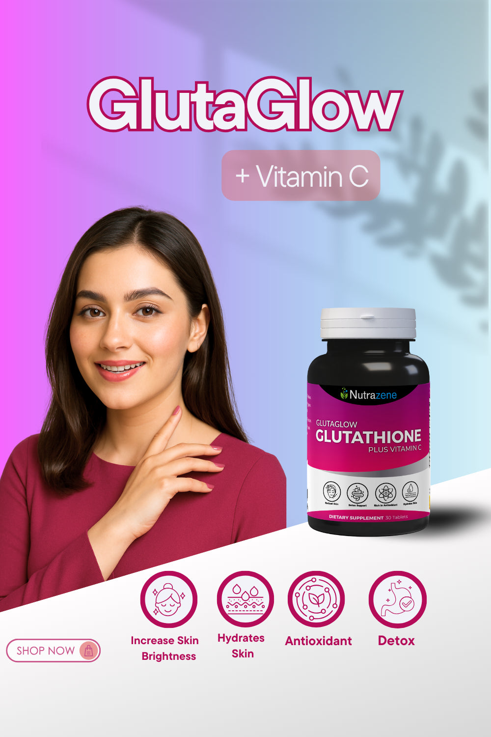 Nutrazene Glutaglow glutathione capsules for glowing skin and natural skin whitening support
